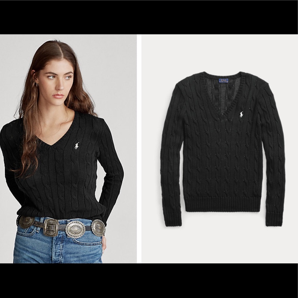 Ralph Lauren Black Cable V Neck Cotton Sweater
